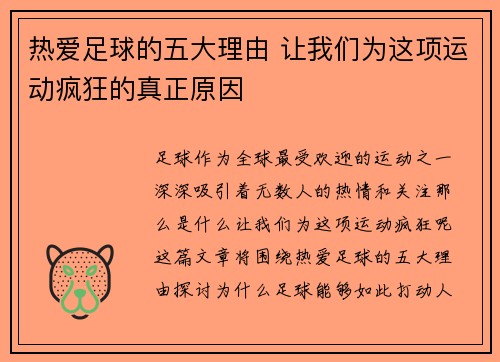 热爱足球的五大理由 让我们为这项运动疯狂的真正原因